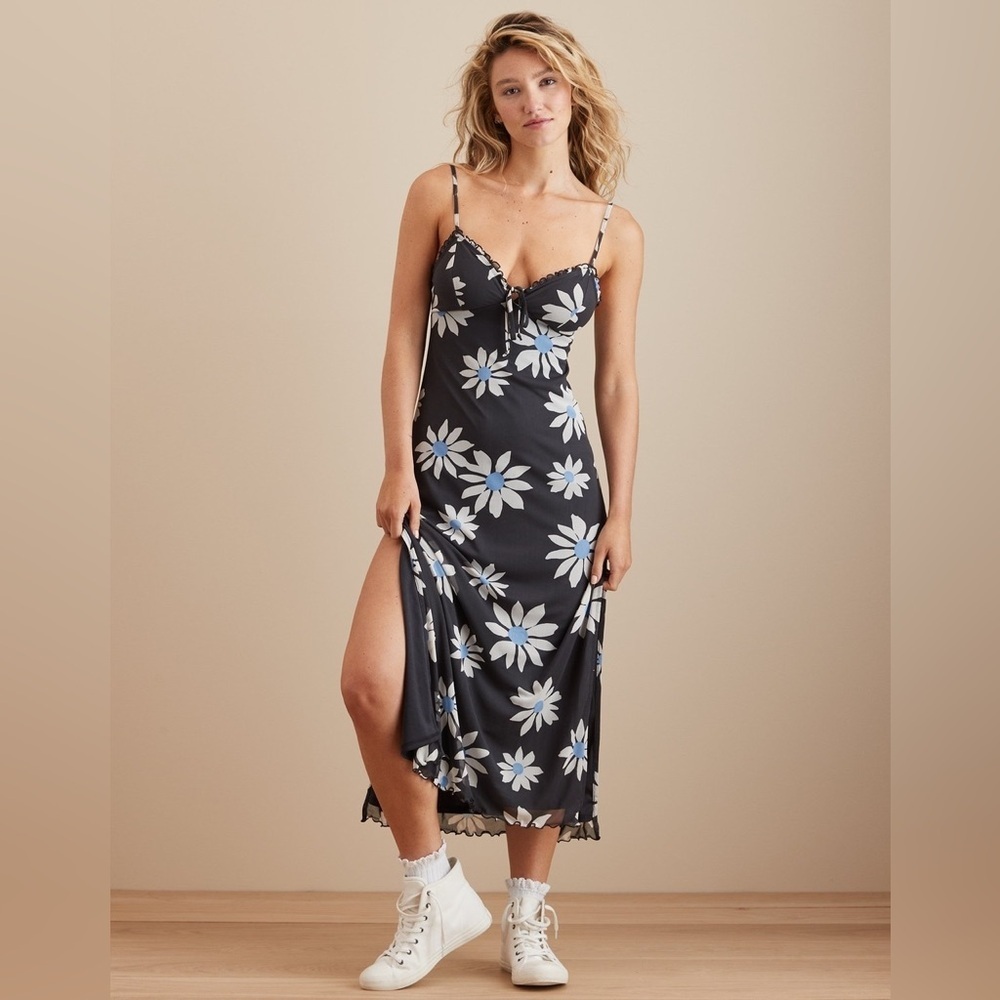 Y2K Coquette Mesh Daisy Slip Dress Blue Floral Sheer Maxi Midi American Eagle S